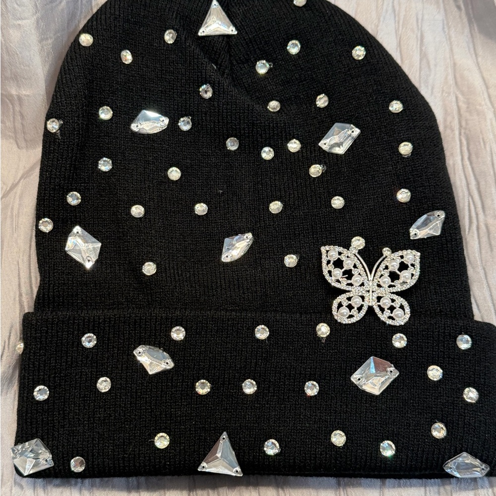 Embellished Black Beanie with Butterfly Detail - Picture 3 of 11